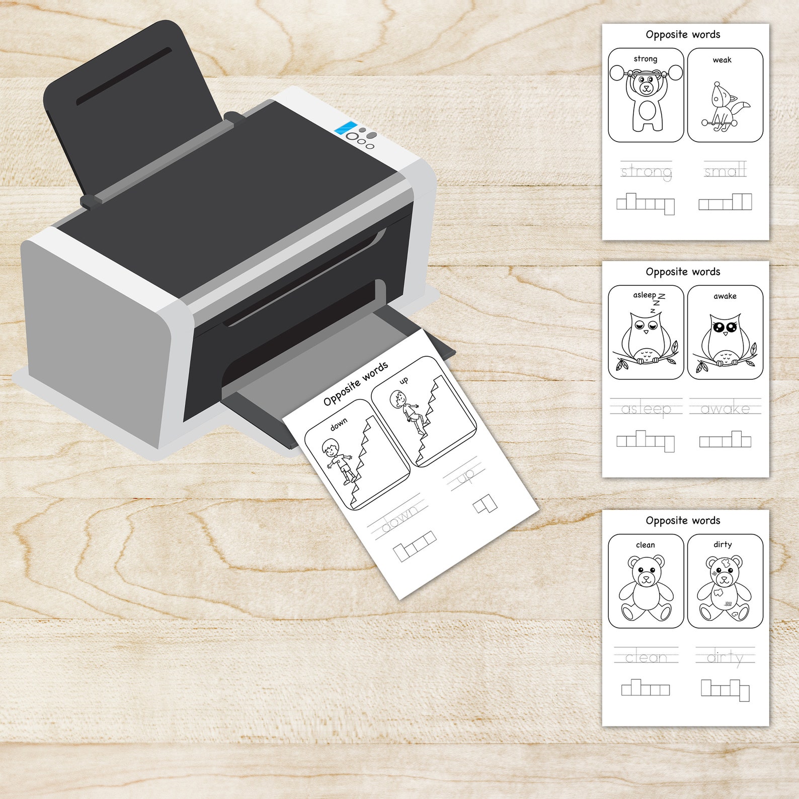 Learning Opposite Words, Worksheets Printable, Cute Coloring Pages