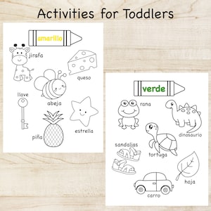 May include: Black and white coloring pages for toddlers featuring images of a giraffe, key, bee, pineapple, cheese, star, frog, sandals, turtle, dinosaur, leaf, and car. The words 'amarillo' and 'verde' are written in crayon boxes at the top of each page.