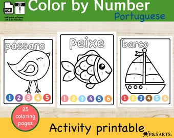 Colorea por números para niños, actividades divertidas, hoja de trabajo imprimible, páginas para colorear (portugués)