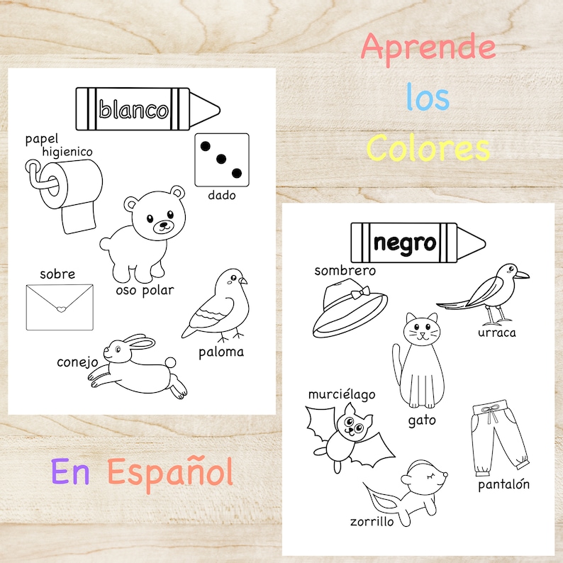 May include: Black and white illustration of a learning sheet for children. The sheet features various objects and animals, such as a polar bear, a dove, a rabbit, a die, a toilet paper roll, an envelope, a cat, a bat, a hat, a bird, pants, and a squirrel. The sheet is titled "Aprende los Colores" and "En Espa&ntilde;ol".