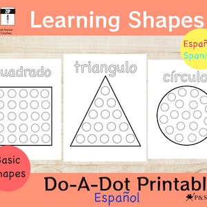 May include: Black and white printable worksheet with three shapes: a square, a triangle, and a circle. Each shape is filled with small circles for dot-to-dot activities. The worksheet is titled "Learning Shapes" and includes the Spanish words for each shape: "cuadrado", "triangulo", and "circulo".