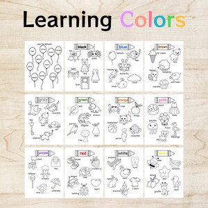 Puede incluir: Hojas de trabajo educativas imprimibles para ni&ntilde;os, con el texto "Learning Colors". Cada p&aacute;gina presenta un nombre de color e im&aacute;genes para colorear, incluyendo globos, animales y objetos. Los colores incluyen rojo, azul y verde.