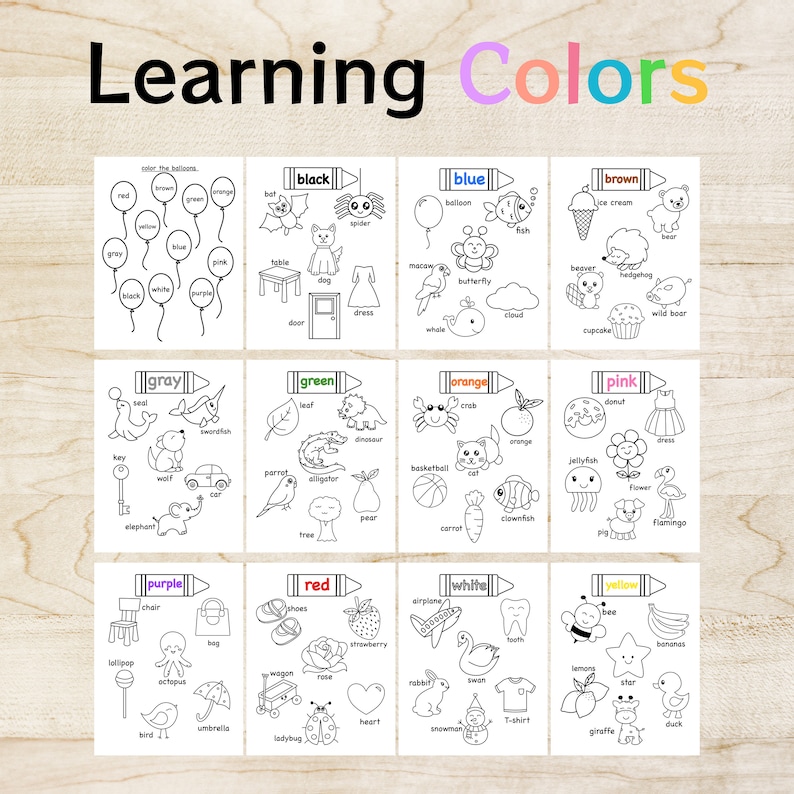 Puede incluir: Hojas de trabajo educativas imprimibles para ni&ntilde;os, con el texto "Learning Colors". Cada p&aacute;gina presenta un nombre de color e im&aacute;genes para colorear, incluyendo globos, animales y objetos. Los colores incluyen rojo, azul y verde.