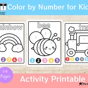 以下が含まれることがあります： 虹、蜂、電車が描かれた、子供向けの塗り絵プリント。各絵には、塗りつぶすための異なる色に対応する番号が付けられています。