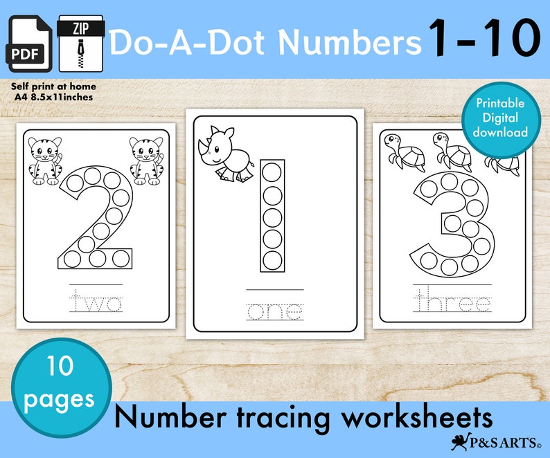 Puede incluir: Hojas de trabajo de trazado de n&uacute;meros imprimibles en blanco y negro para ni&ntilde;os. Las hojas de trabajo presentan los n&uacute;meros 1-3 con ilustraciones de animales. El texto "Do-A-Dot Numbers 1-10" y "Number tracing worksheets" est&aacute; incluido.