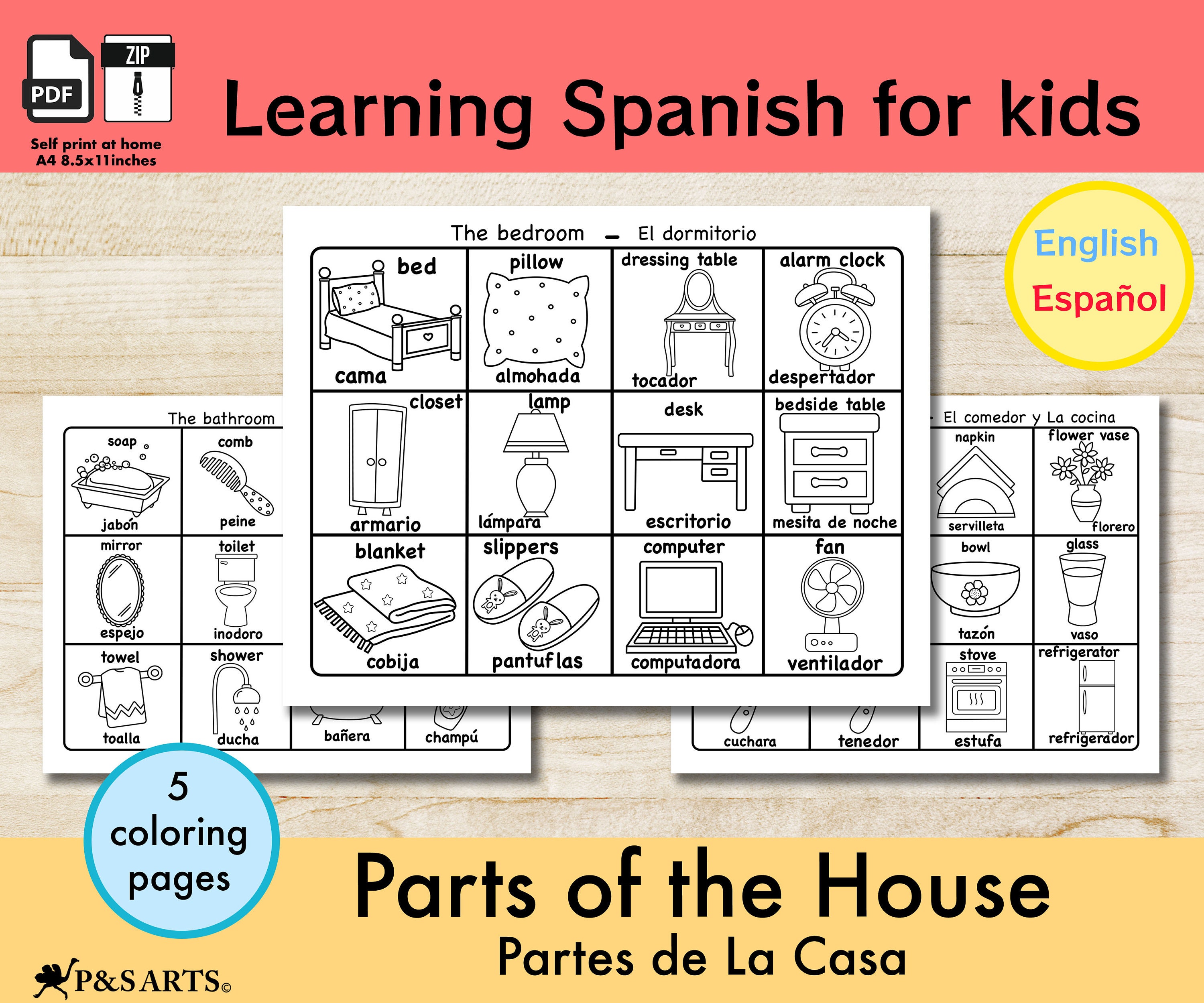 Learning Words, Bilingual Printable, English-Spanish, Vocabulary, Coloring Pages For Kids