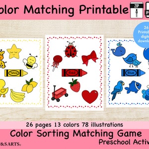 May include: Printable color matching game for preschoolers.  The game features 26 pages with 13 colors and 78 illustrations.  The image shows three pages with yellow, red, and blue color themes.  Each page has a variety of images to match.