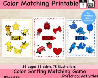 Color Sorting Matching Game, Preschool Activities, Learning Printable , Kindergarten, Homeschool, Toddler Learning Activity