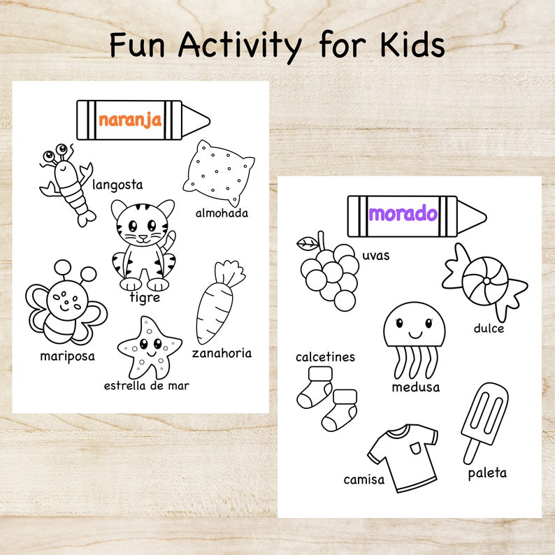 May include: A printable coloring page with black and white illustrations of various objects, including a lobster, a tiger, a butterfly, a starfish, a pillow, a carrot, grapes, a candy, a jellyfish, socks, a shirt, and a popsicle. The page is divided into two sections, each with a crayon at the top, one labeled "naranja" and the other labeled "morado".