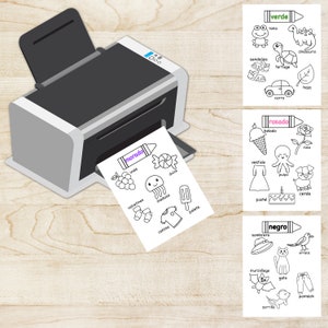 May include: A printable worksheet with black and white illustrations of various objects. The worksheet is divided into four sections, each with a different color crayon at the top: purple, green, pink, and black. Each section has a list of Spanish words and corresponding illustrations. The words include: uvas, dulce, calcetines, medusa, camisa, paleta, rana, sandalias, tortuga, carro, hoja, helado, rosa, vestido, pulpo, cerdo, pastel, sombrero, murci&eacute;lago, gato, urraca, pantal&oacute;n, zorrillo.