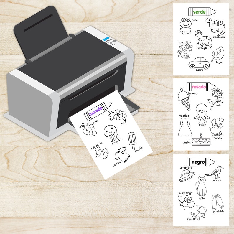 May include: A printable worksheet with black and white illustrations of various objects. The worksheet is divided into four sections, each with a different color crayon at the top: purple, green, pink, and black. Each section has a list of Spanish words and corresponding illustrations. The words include: uvas, dulce, calcetines, medusa, camisa, paleta, rana, sandalias, tortuga, carro, hoja, helado, rosa, vestido, pulpo, cerdo, pastel, sombrero, murci&eacute;lago, gato, urraca, pantal&oacute;n, zorrillo.