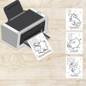 May include: Black and white printable coloring pages featuring the letters H, I, J, and K with illustrations of a hippopotamus, iguana, wild boar, and koala. Each page includes the letter and the name of the animal in Spanish.