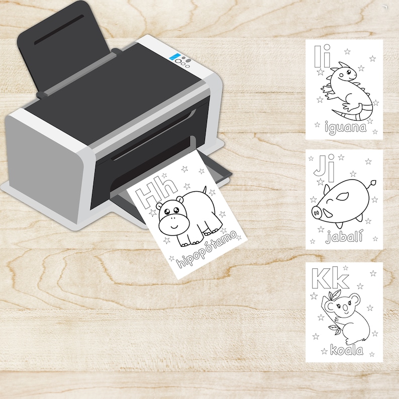 May include: Black and white printable coloring pages featuring the letters H, I, J, and K with illustrations of a hippopotamus, iguana, wild boar, and koala. Each page includes the letter and the name of the animal in Spanish.