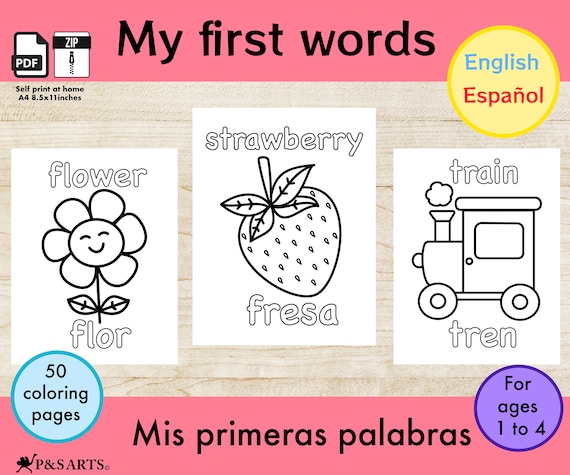 50 Learning Words English Spanish Bilingual Printable Easy | Etsy