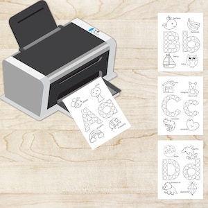 May include: A set of printable alphabet dot-to-dot activity sheets for kids. Each letter is formed by connecting the dots, and each sheet features a different animal and object. The letters are A, B, C, and D.