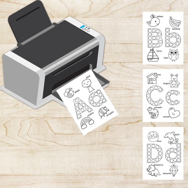 May include: A set of printable alphabet dot-to-dot activity sheets for kids. Each letter is formed by connecting the dots, and each sheet features a different animal and object. The letters are A, B, C, and D.