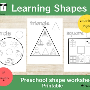May include: Black and white printable preschool shape worksheet with 9 pages. The worksheet features a circle, triangle, and square with various objects inside each shape. The title of the worksheet is "Learning Shapes".