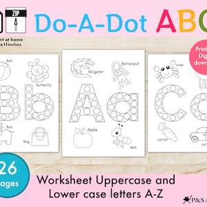 May include: A set of 26 printable Do-A-Dot alphabet worksheets for kids. Each page features an uppercase and lowercase letter with a corresponding picture and word. The worksheets are designed for children to practice their letter recognition and fine motor skills.