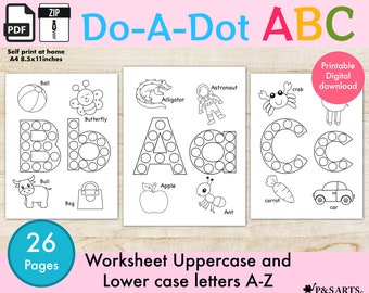 Do- A-DOT Alphabet Printable Worksheets,  Activity for Kids, Toddlers, Preschoolers. Alphabet Uppercase and Lowercase.