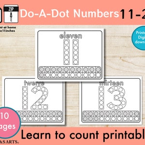 May include: A printable set of 10 pages of Do-A-Dot number worksheets for kids to learn to count from 11 to 20. Each page features a number with circles to color in, and the number name is written above the circles. The pages are designed for use with Do-A-Dot markers.