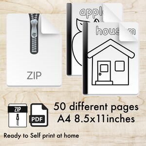 Op de afbeelding: Een digitale downloadbestand met een ZIP-pictogram en het woord "ZIP". Twee kleurboekpagina's zijn zichtbaar, een met een appel en de andere met een huis. De tekst luidt "50 verschillende pagina's A4 21,6x27,9 cm".