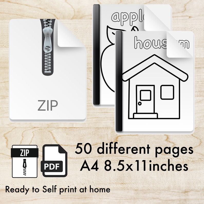 Op de afbeelding: Een digitale downloadbestand met een ZIP-pictogram en het woord "ZIP". Twee kleurboekpagina's zijn zichtbaar, een met een appel en de andere met een huis. De tekst luidt "50 verschillende pagina's A4 21,6x27,9 cm".