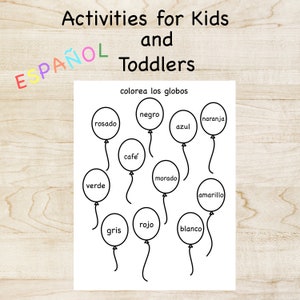 May include: Black and white printable worksheet with the Spanish words for colors, "colorea los globos" (color the balloons), and a picture of 10 balloons with lines for coloring.