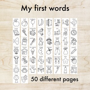 Op de afbeelding: Een set flashcards met zwarte lijntekeningen van verschillende objecten en woorden, waaronder een appel, bal, ballon en vogel. De tekst "My first words" en "50 different pages" is ook aanwezig.