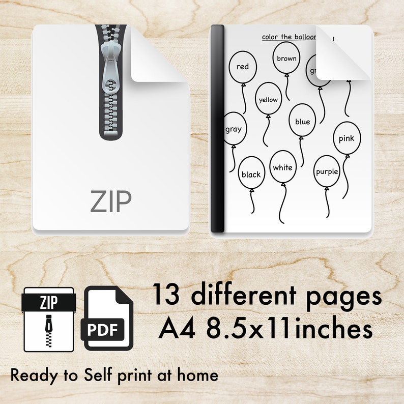 Puede incluir: Un archivo de descarga digital con un icono ZIP y un icono PDF. La imagen tambi&eacute;n muestra una p&aacute;gina para colorear con globos etiquetados con colores. El texto de la imagen dice "13 p&aacute;ginas diferentes A4 21,6x27,9 cm Listo para imprimir en casa."