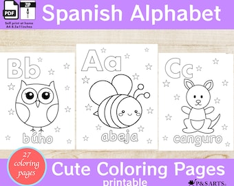May include: Three black and white coloring pages featuring the letters A, B, and C in Spanish. Each page includes a cute animal illustration and the Spanish word for the animal. The words are "abeja" (bee), "búho" (owl), and "canguro" (kangaroo).
