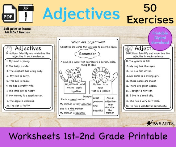 50 sentences with adjectives worksheets 1st 2nd grade etsy