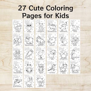 May include: A set of 27 black and white coloring pages featuring the alphabet in Spanish with a cute animal illustration for each letter. The title of the set is "27 Cute Coloring Pages for Kids".
