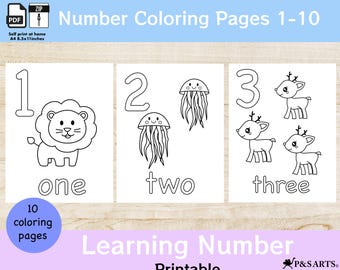 Dibujos para colorear de números del 1 al 10, números imprimibles, actividad preescolar, aprendizaje de números, dibujos para colorear de animales, actividad preescolar con animales