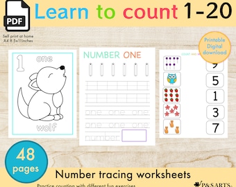 Learn to Count 1-20, Number Tracing Worksheet & Activity-Kids and Toddlers-Preschool-Kindergarten 48 Printable pages