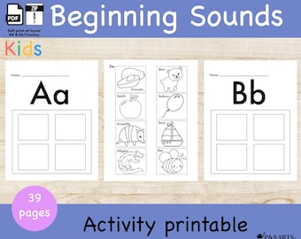 Può includere: Un'attività stampabile per bambini con le lettere "Aa" e "Bb" e immagini associate, come una mela e un orso. Il testo "Beginning Sounds" e "Activity printable" sono visibili. L'immagine include 39 pagine.
