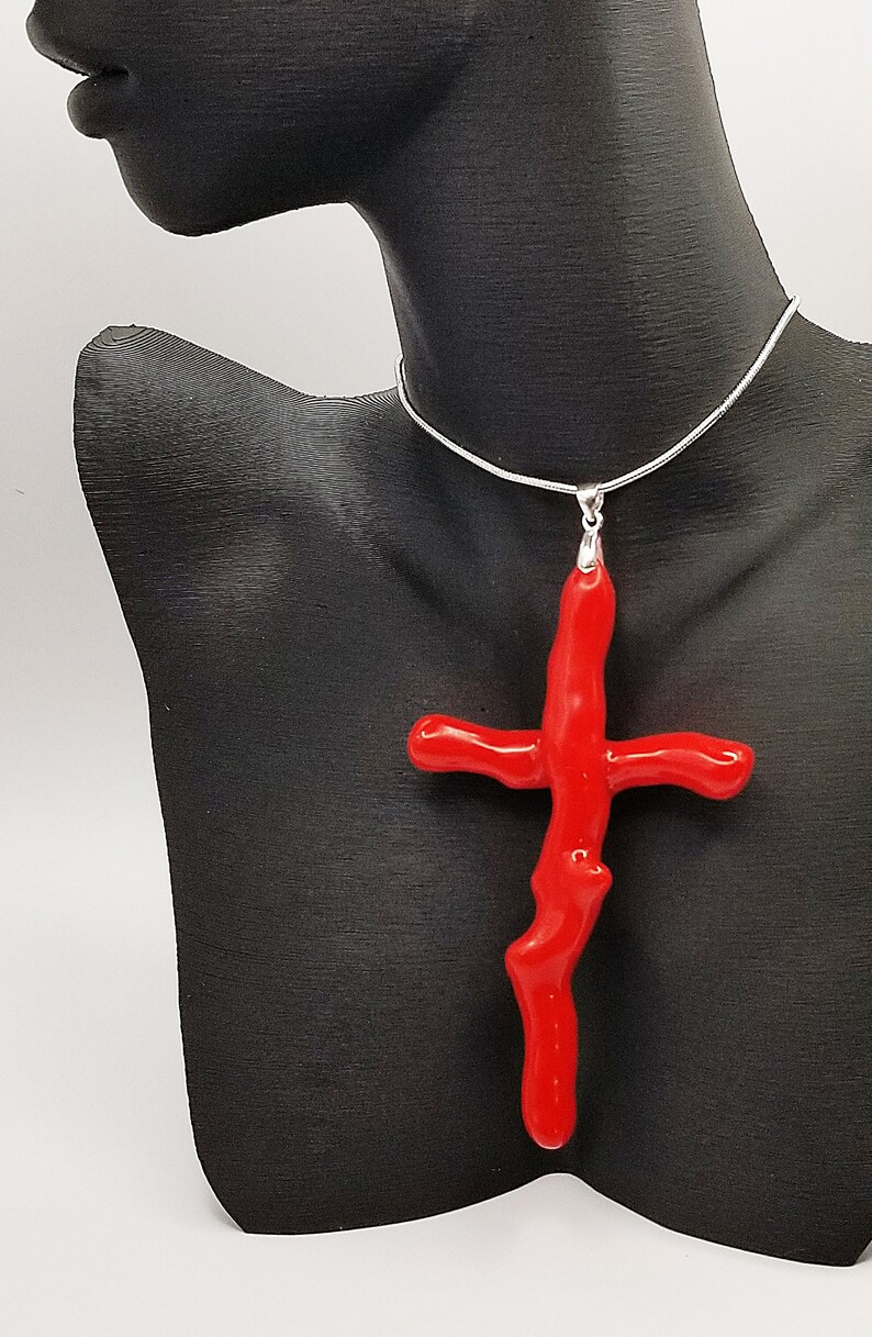 Red Coral Cross Pendant 3D Printed Necklace 925 Sterling Etsy