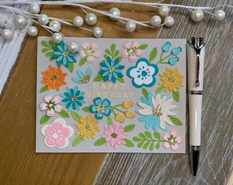 Floral Happy Birthday Card, Handmade Floral Birthday Card, Die Cut Floral Birthday Card, Layered Flowers Birthday Card