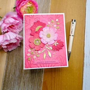 Pink Birthday Card With Floral Arrangement and Gold Accents; Floral ...