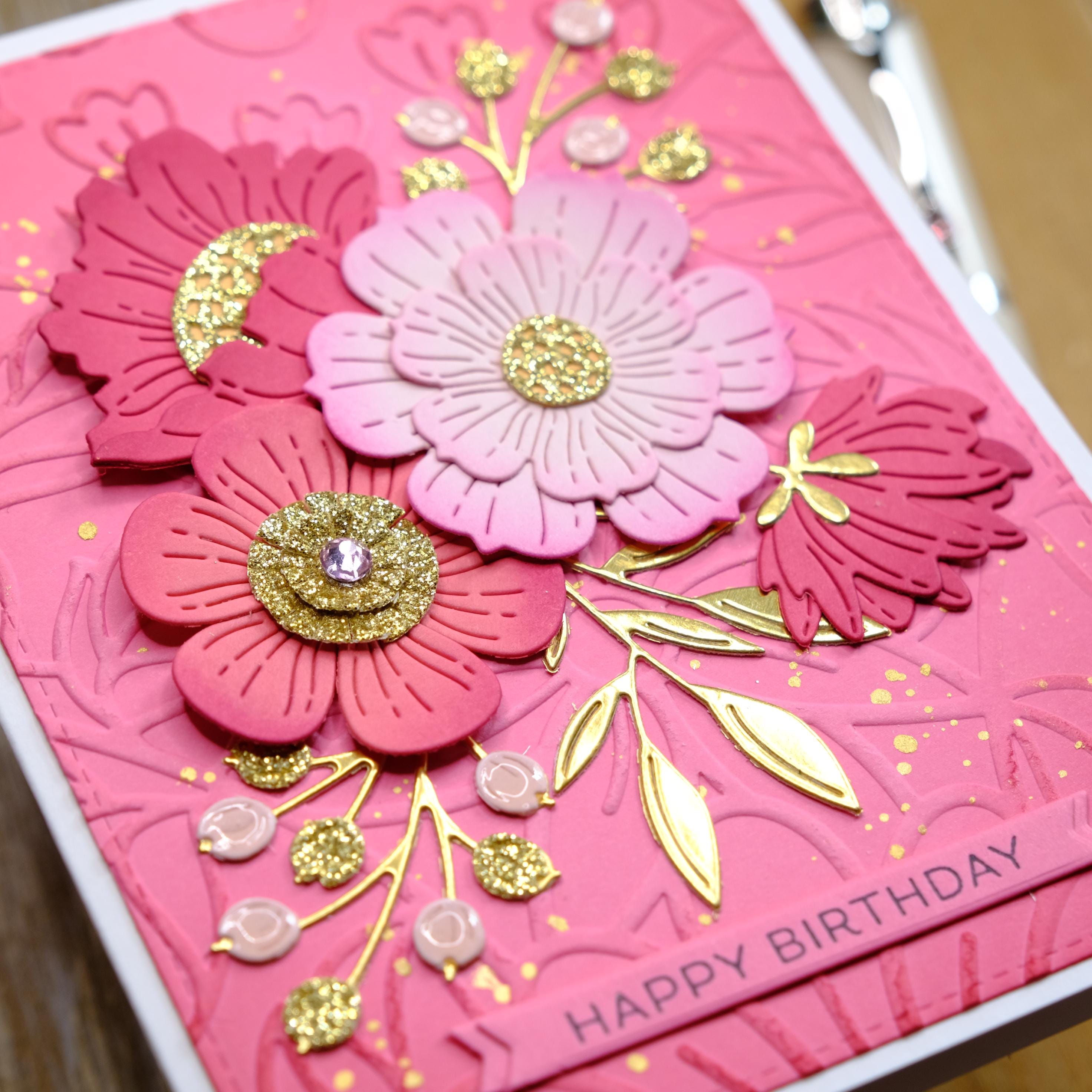 Pink Birthday Card With Floral Arrangement and Gold Accents; Floral ...