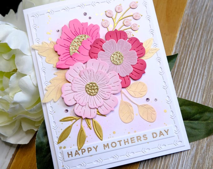 Pink Mother’s Day Card With Floral Arrangement and Gold Accents; Floral ...