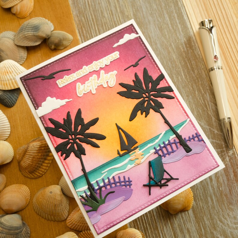 Beach at Sunset Birthday Card; Tropical Beach Card featuring Palm Trees, Sailboat, Beach Chair, Seagulls and beautiful Ocean Water; Handmade image 8