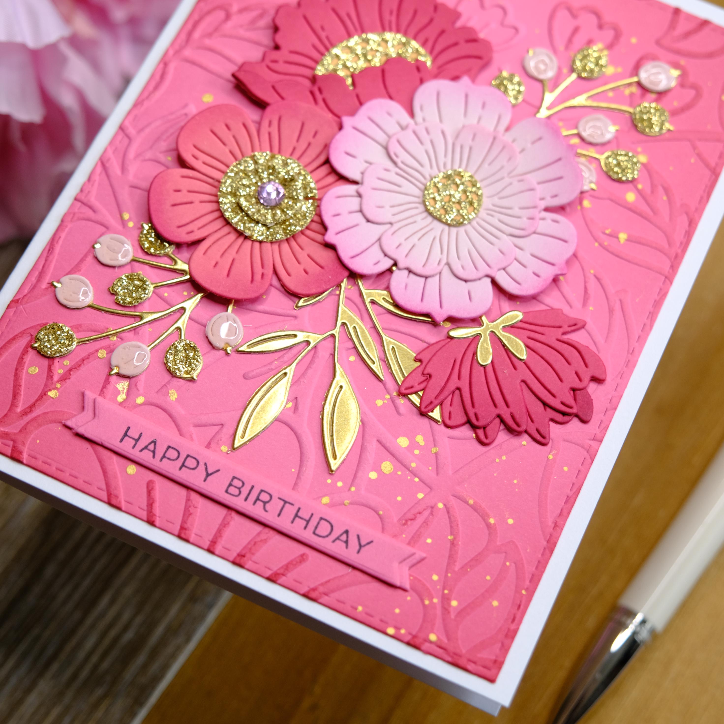 Pink Birthday Card With Floral Arrangement and Gold Accents; Floral ...
