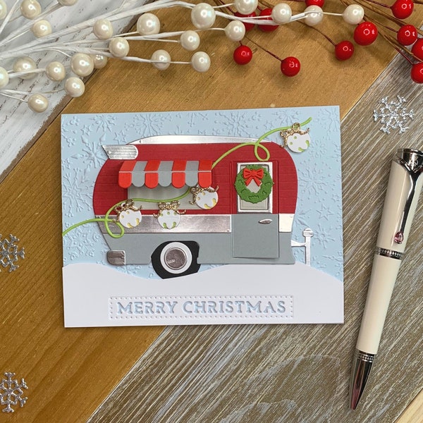 Camper RV Christmas Card; Airstream Inspired Holiday Card for the Camping Lover; Decorated Camper Handmade Christmas Card; Holiday Road Trip