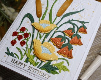 Handmade Floral Birthday Card with Yellow and Terracotta Blooms; Nature-Inspired 3D Card; Elegant Botanical Birthday Greeting Card