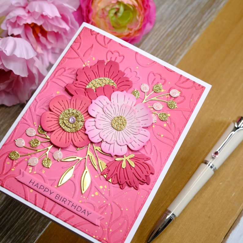 Pink Birthday Card With Floral Arrangement and Gold Accents; Floral ...