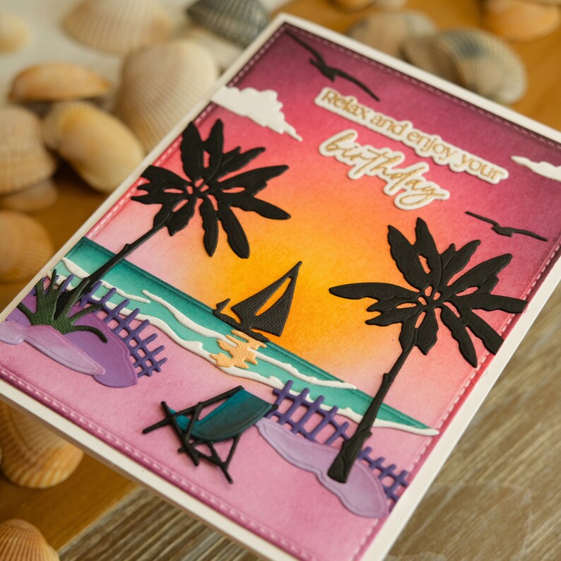 Beach at Sunset Birthday Card; Tropical Beach Card featuring Palm Trees, Sailboat, Beach Chair, Seagulls and beautiful Ocean Water; Handmade image 4
