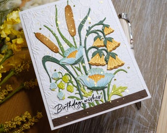 Handmade Floral Birthday Card; Elegant Nature-Inspired Birthday Greeting; 3D Botanical Card with Yellow Bells and Blue Blooms; Fall Birthday