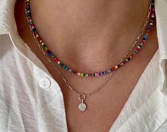Multicolor Glass Seed Bead Necklace: Sterling Silver Clasp, Handmade