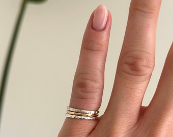 Sterling Silver and Solid Gold Pinky Stacking Ring Set | Tiny Dainty Ring | Recycled 925 Silver and 9ct Yellow Gold | Handmade 1.5mm Rings