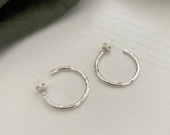 Hammered Recycled Sterling Silver Hoop Earrings: Handmade Minimalist Hoops